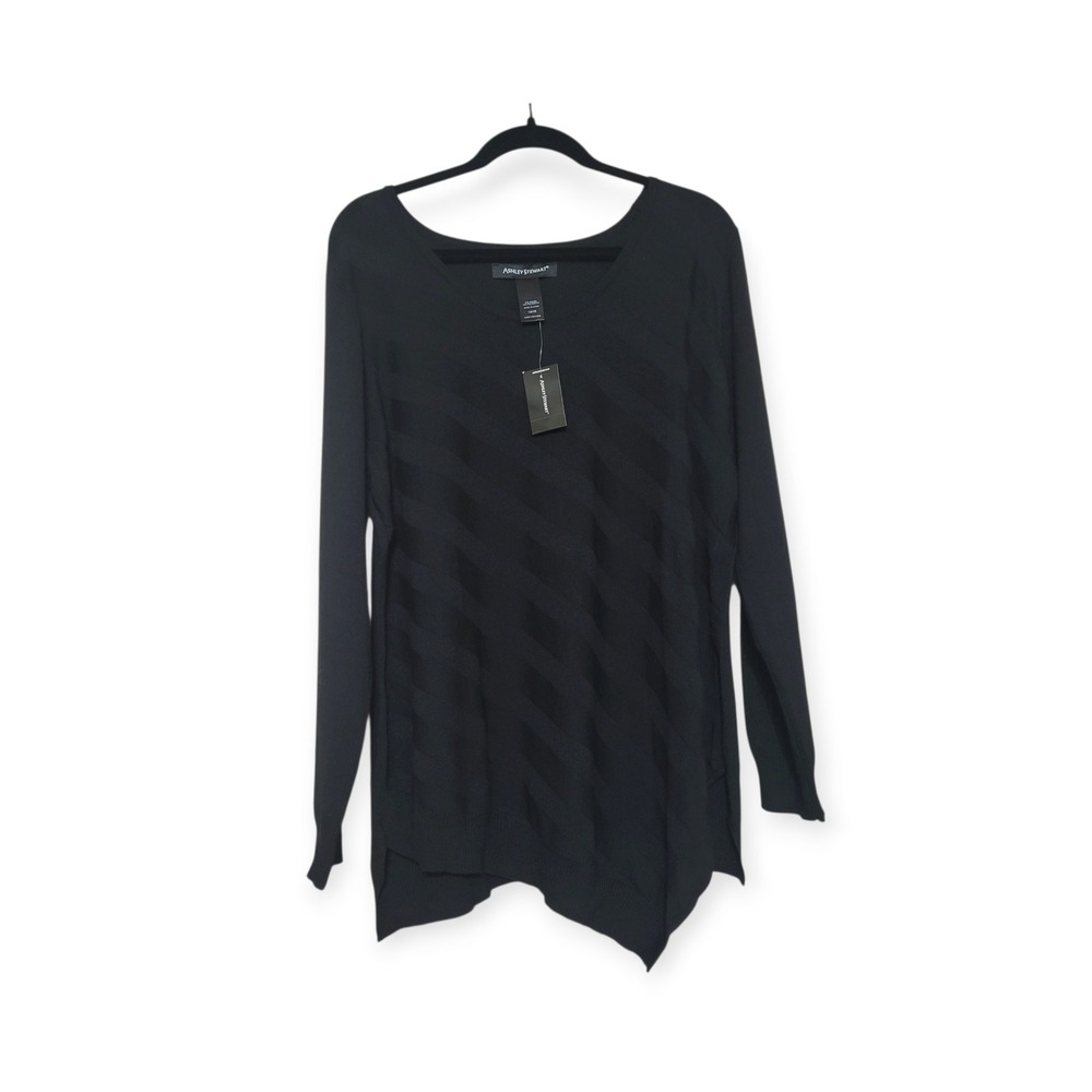 Ashley Stewart Black Asymmetrical Hem Tunic Sweater Diagonal Textured Knit 14/16